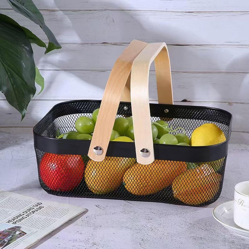 AJIODA Metal Mesh Steel Basket, Storage Organizer Basket Garden Harvest Basket Multi-functional Kitchen Fruit Baskets Bin with Wooden Handle for Bathroom Picnic Shopping Decor Cabinet Home, Black - Image 3